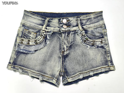Sexy Low Rise Denim Shorts – Women’s Slim Skinny Rivet Vintage Blue Y2K Jeans for Summer