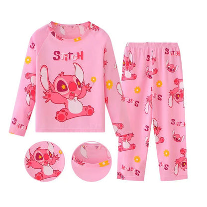 New Spring Children’s Pajama Set – Stitch & Angel Long-Sleeve Sleepwear with Pants for Boys & Girls
