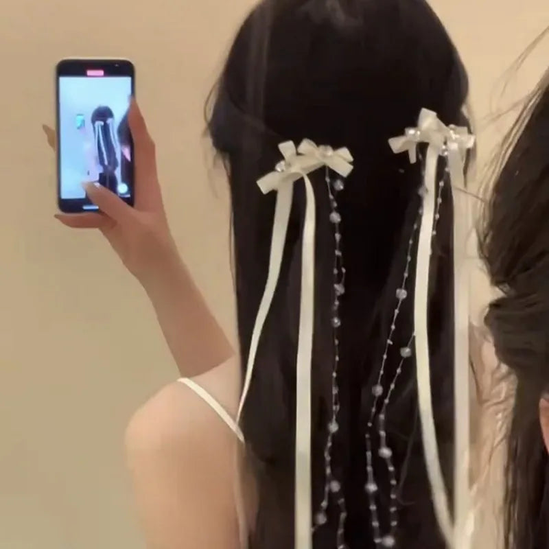 2PCS White Ribbon Bow Hair Clips – Long Tassel Bead Duckbill Clips for Women, 2024 New Model