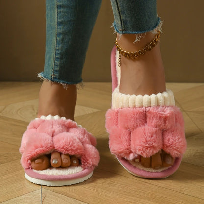 Autumn Winter Plush Bow Slippers – Cute Warm Fluffy Indoor Slides for Women & Men