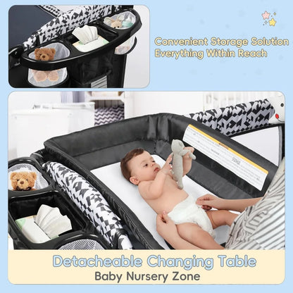 5-in-1 Portable Pack and Play Bassinet — Bedside Sleeper with Diaper Changer, Storage Bag & Music Box