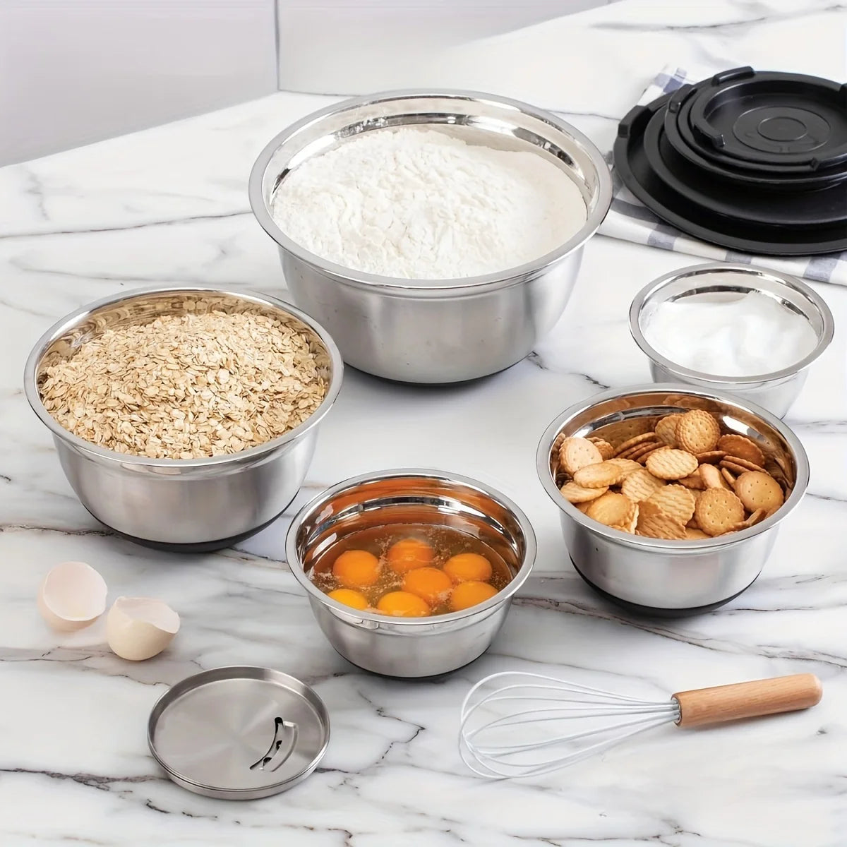 8PCS Stainless Steel Mixing Bowl Set – Airtight Lids, Non-Slip Bottoms, Black Kitchen Bowls for Baking & Serving
