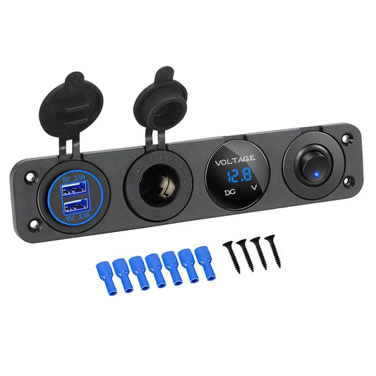 4-in-1 Marine Switch Panel | 12V Dual USB Charger, Power Outlet, LED Voltmeter & Cigarette Lighter Socket