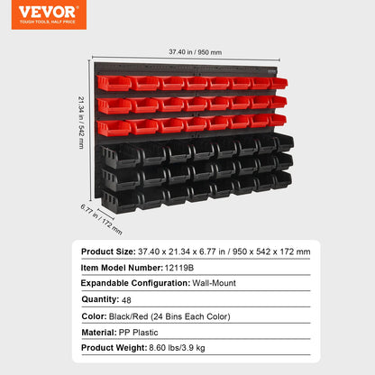 VEVOR Wall-Mounted Storage Bins — 30/48-Bin Garage Organizer with Hooks