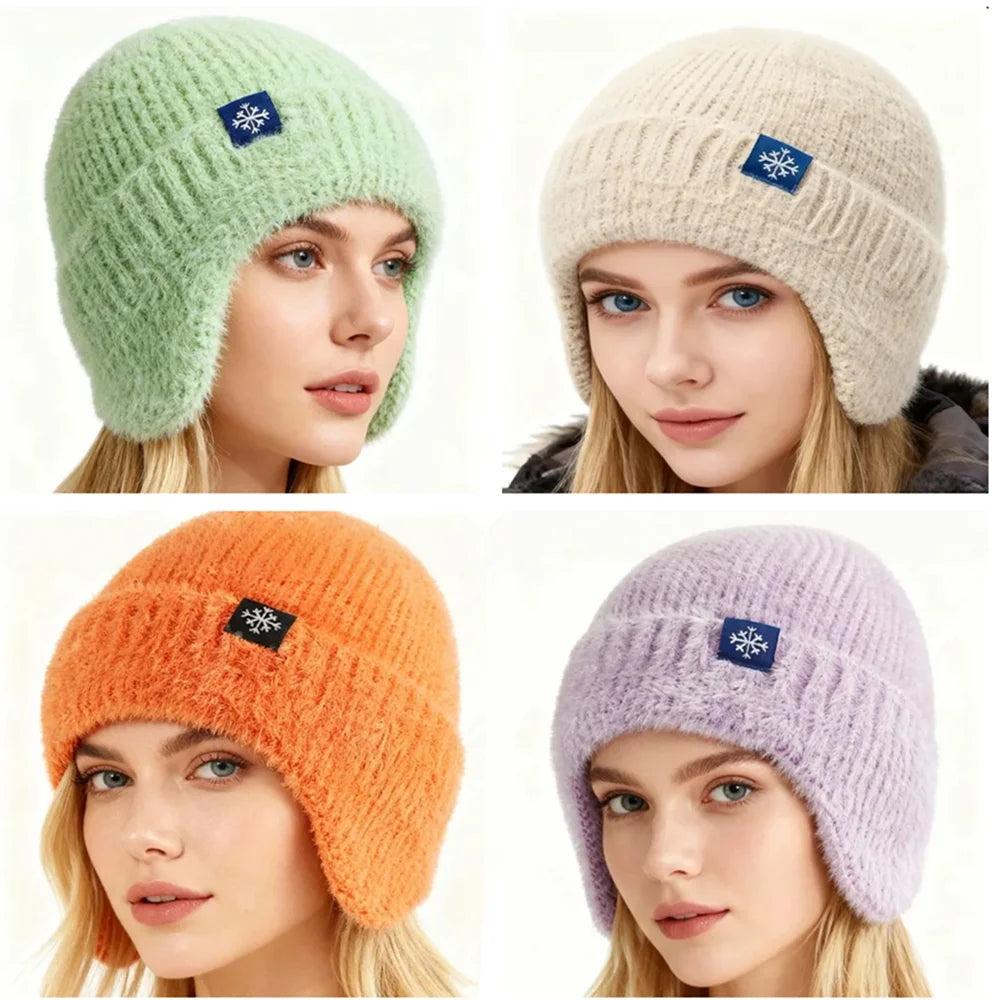 Women’s Earflap Winter Hat – Candy Color Faux Fur Knit Beanie, Kpop Style Streetwear Cap