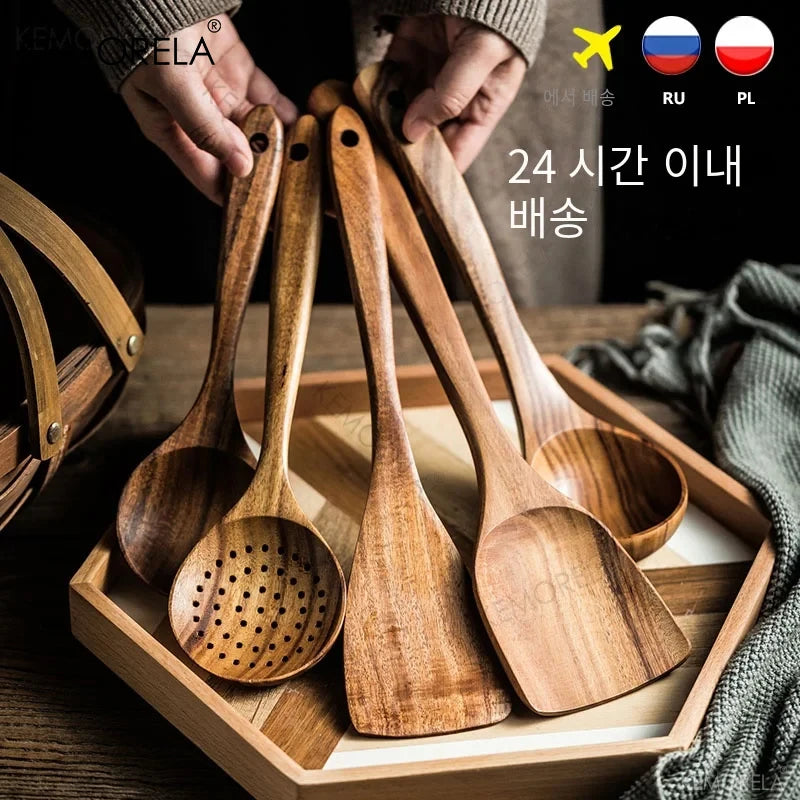 4/7/9PCS Teak Wooden Cooking Spoons Set – Kitchen Utensils with Holder