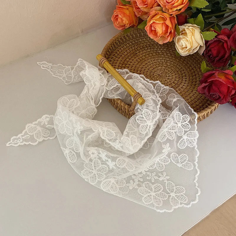 White Woven Floral Lace Hair Scarf Wrap – Retro Triangle Headscarf, Travel & Photo Hat, Hair Accessories for Women