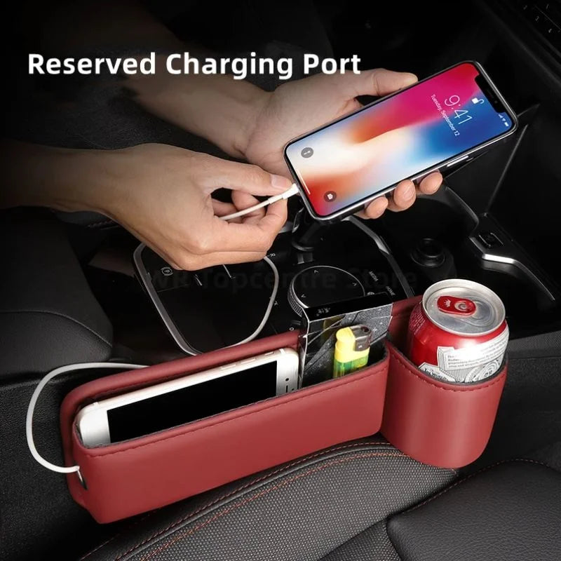 Leather Car Seat Gap Organizer – Multifunctional Crevice Filler with Cup Holder & Side Storage Pocket for Car Interior