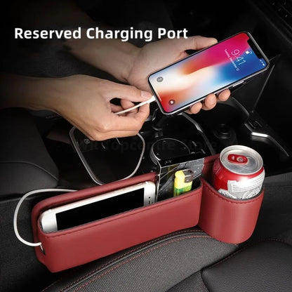 Leather Car Seat Gap Organizer – Multifunctional Crevice Filler with Cup Holder & Side Storage Pocket for Car Interior