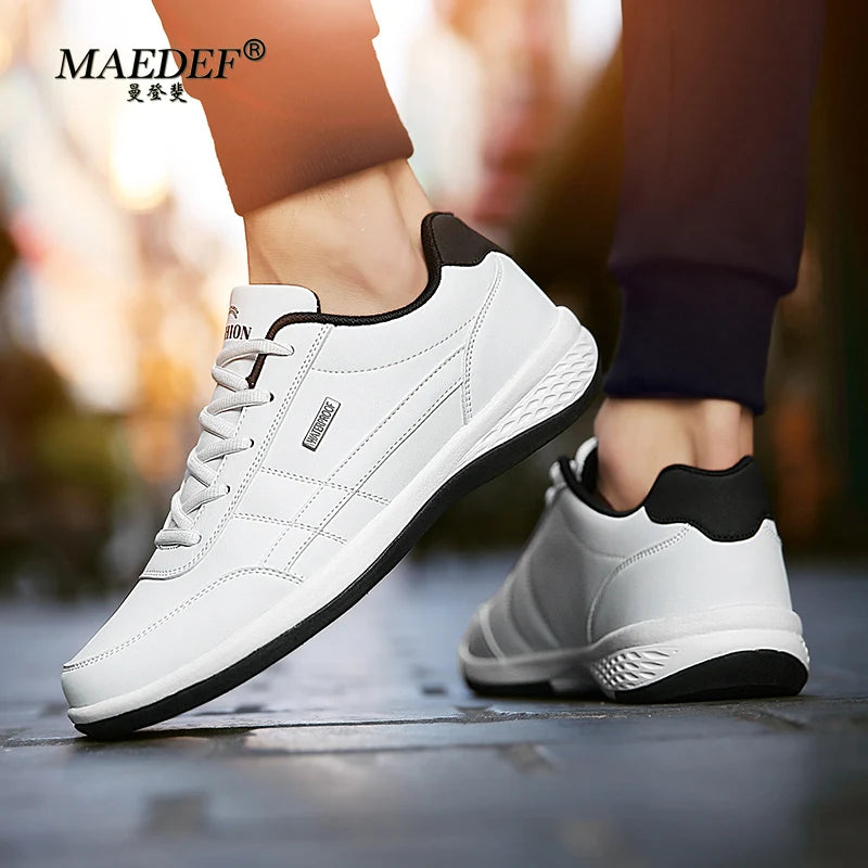MAEDEF Men's Leather Sneakers – Waterproof, Comfortable Lace-Up Casual Footwear, Vulcanized Shoes