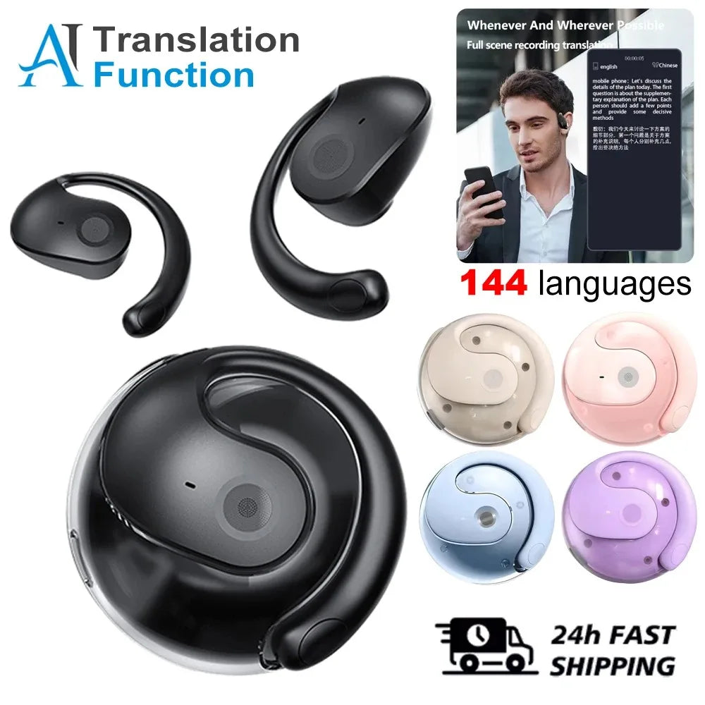 AI Real-Time Translator Earphones — 144 Languages, Wireless Bluetooth 5.3, Noise-Cancelling, IPX7 Waterproof Headphones for Travel