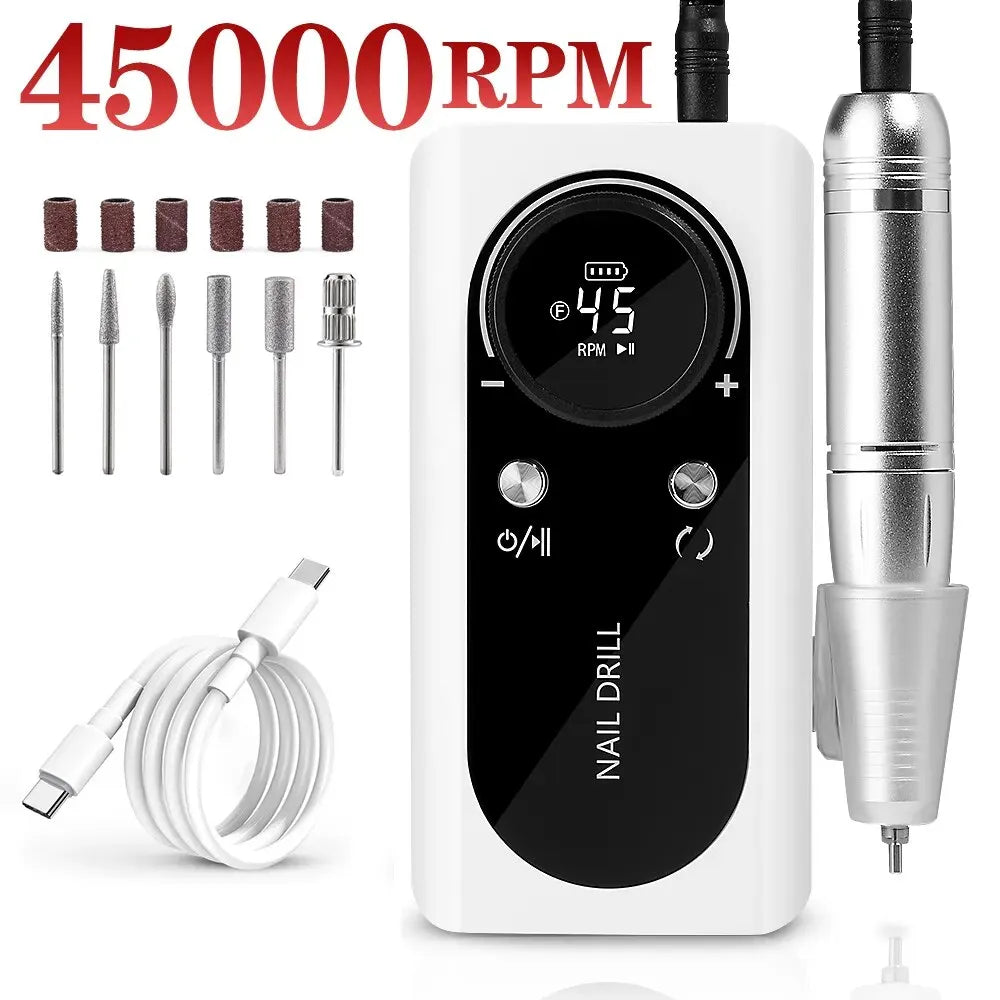 Effortless Nail Care: 45000RPM Rechargeable Electric Nail Drill Machine - Portable Nail File Sander for Gel Nails Polishing, Ideal for Home Manicures or Salon Use