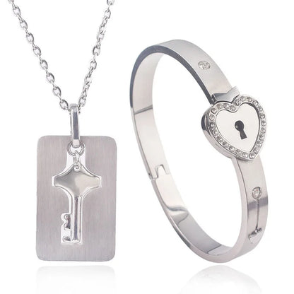 Couple Stainless Steel Love Lock Bracelet & Key Pendant Necklace – Romantic Jewelry Gift for Men and Women