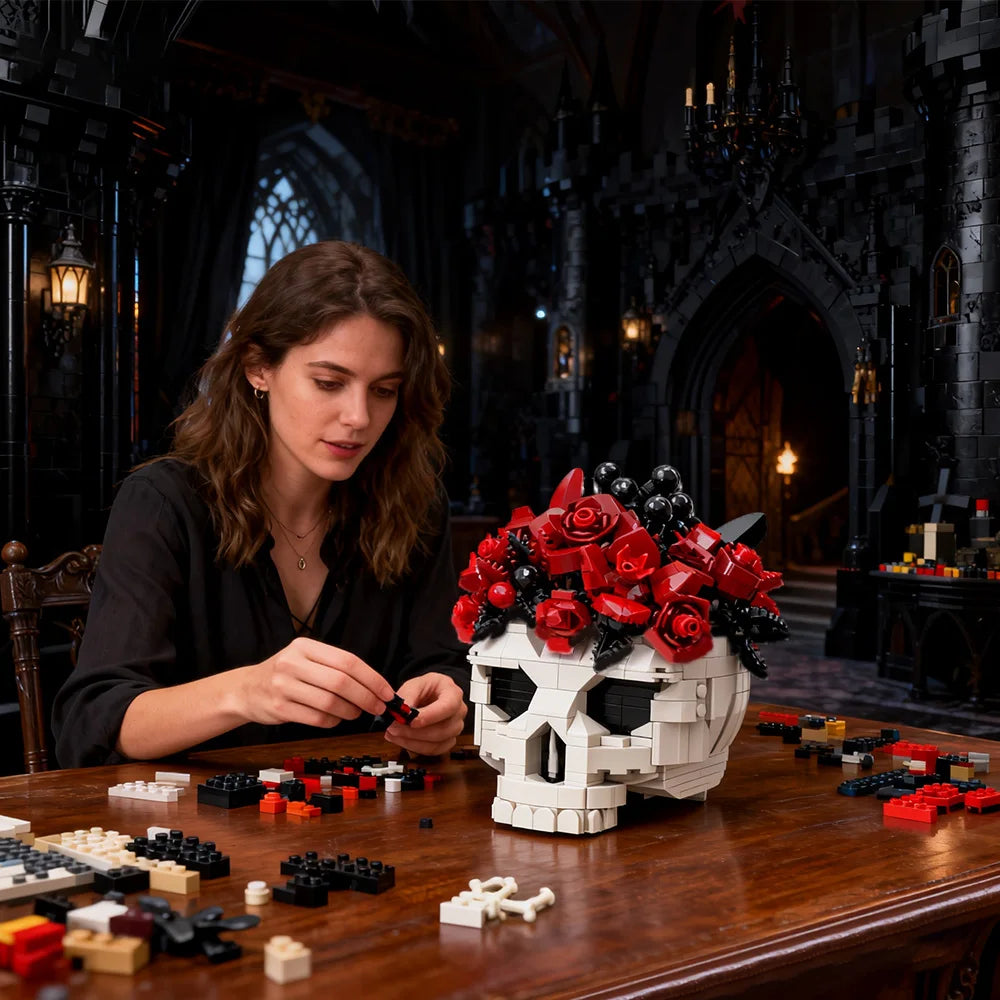 MOC Skull & Roses Bouquet Building Blocks — Gothic Crow Flower Pot DIY Toy for Kids & Gifts