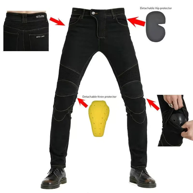 Men's Embroidery Motorcycle Jeans – Protective Gear with Belt, Motocross Pants for Driver License Test & Riding