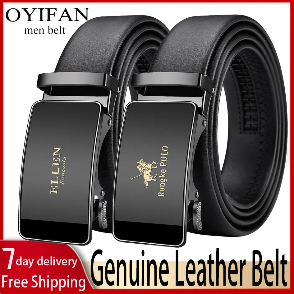 OYIFAN Men’s Genuine Leather Belt – Designer Alloy Buckle Automatic Ratchet Belt