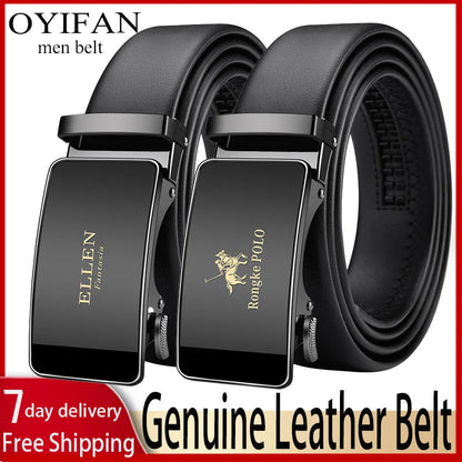OYIFAN Men’s Genuine Leather Belt – Designer Alloy Buckle Automatic Ratchet Belt