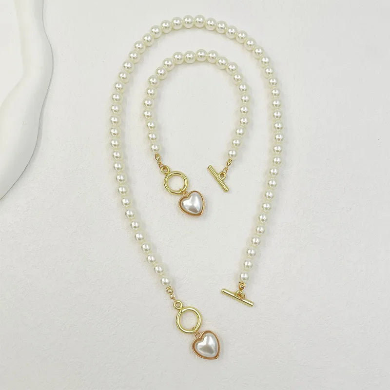 Pearl Heart Jewelry Set for Women - 2-Piece Necklace & Bracelet Imitation Pearl Chain Set