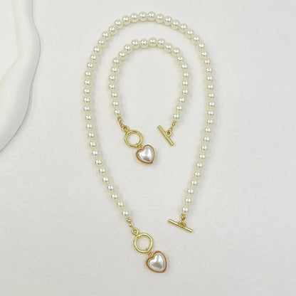 Pearl Heart Jewelry Set for Women - 2-Piece Necklace & Bracelet Imitation Pearl Chain Set