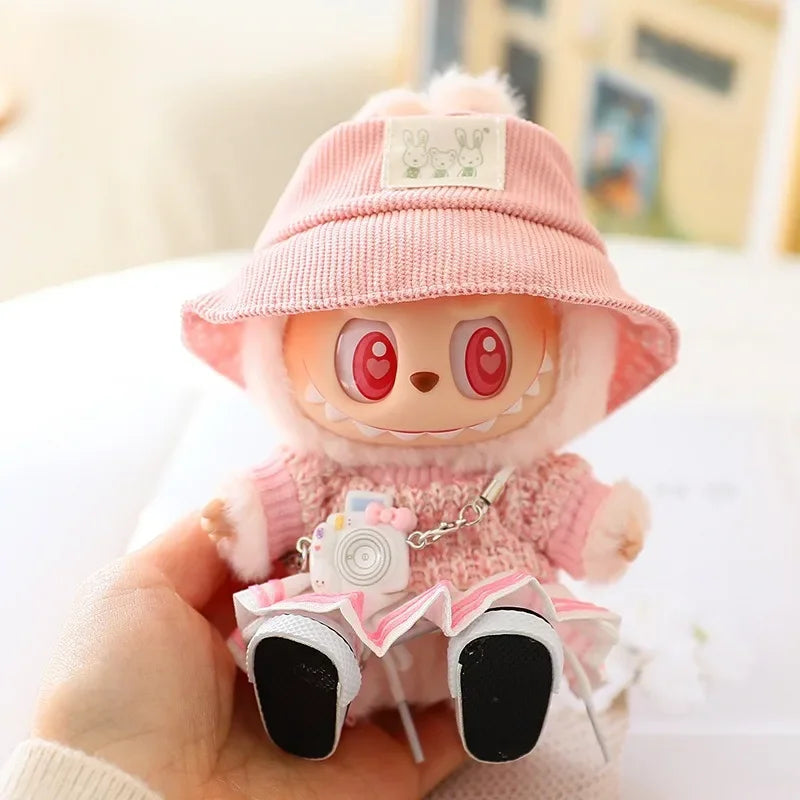 17cm Labubu Doll Clothes Set - Macaron Doll Outfit with JK Pleated Skirt, Camera & Shoes
