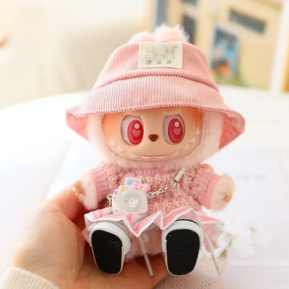 17cm Labubu Doll Clothes Set - Macaron Doll Outfit with JK Pleated Skirt, Camera & Shoes
