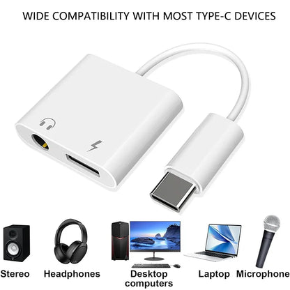 2-in-1 USB-C to 3.5mm Audio Adapter — Dual Type-C Jack Charging & Aux Cable for Samsung, Xiaomi Wired Earphones