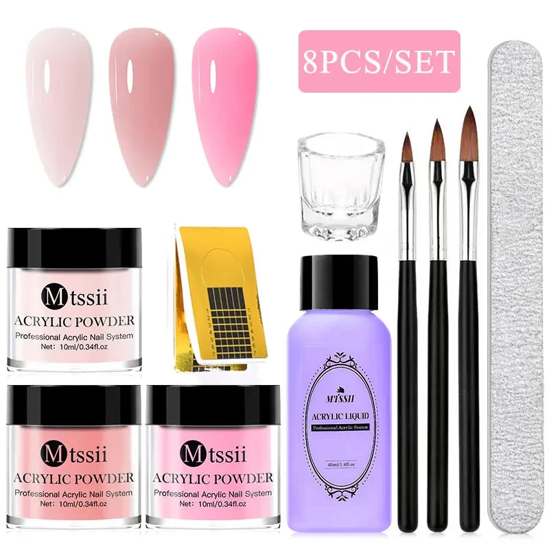 Nail Crystal Powder Kit – Acrylic Liquid Set with Pink & White Powder, Nail Brush for Extension & Carving, Beginner Set