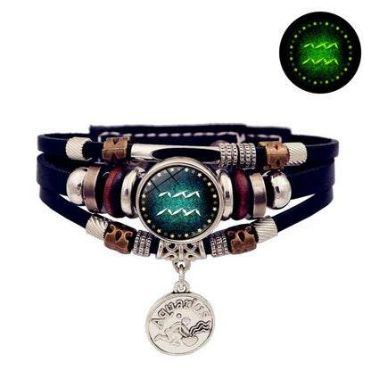 Starry Sky Zodiac Luminous Leather Bracelet - Multi-Layered Beaded Snap Closure for Men & Women, Friendship Bracelet