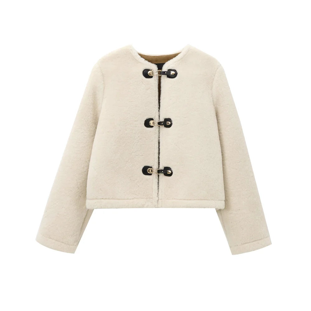 TRAF Women’s Thick Warm Faux Fur Jacket – Long Sleeve Coat with Front Toggle, Chic Fashion Outerwear