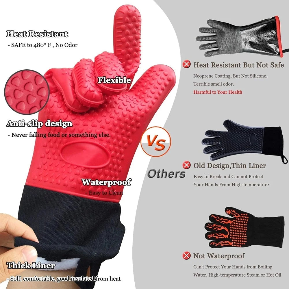 Heat-Resistant Silicone Gloves – Non-Slip Oven Mitts for Kitchen, BBQ, Baking & Cooking with Canvas Stitching