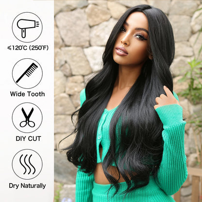 ALAN EATON Black Long Wavy Synthetic Wig – Natural Afro Hair, Middle Part, Heat-Resistant Fiber for Daily Use