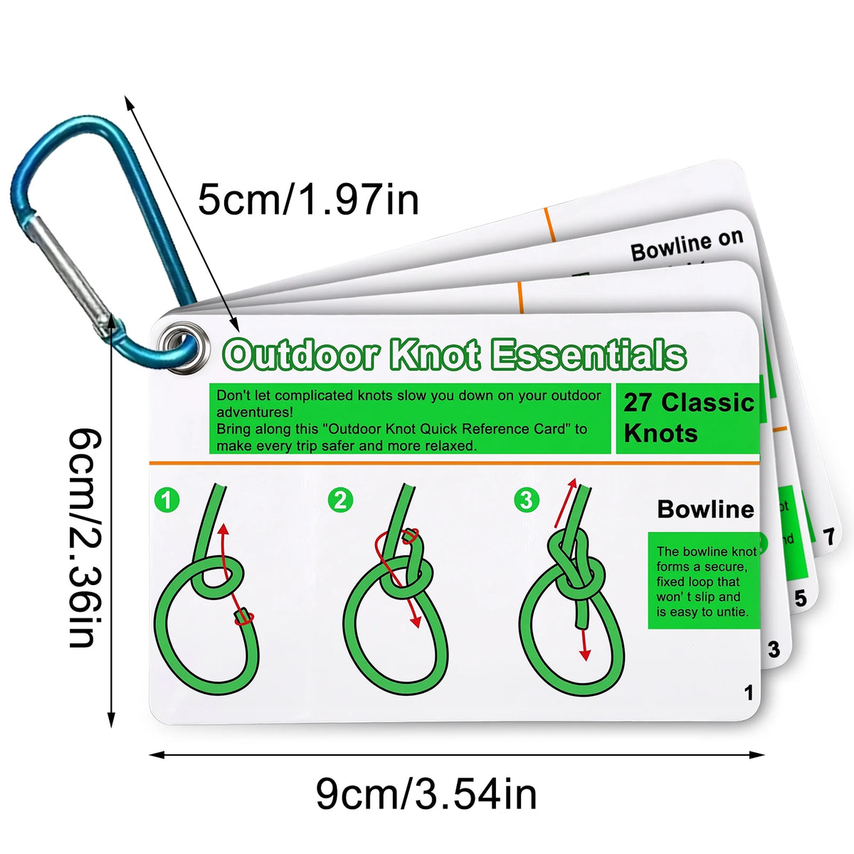 7-Piece Outdoor Knot Cards Set - 27 Classic Knots Guide with Mini Carabiner for Camping & Backpacking