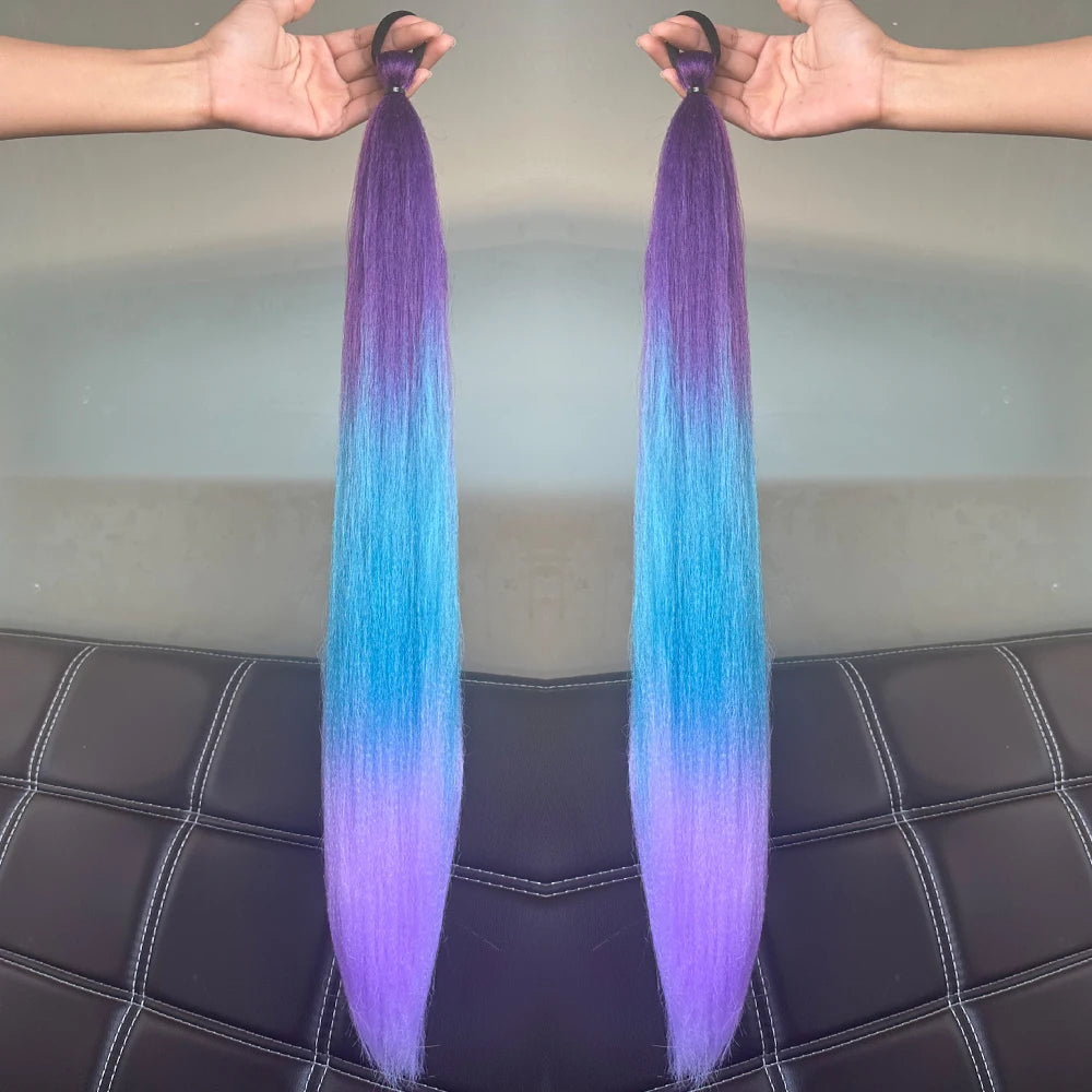 2PCS Synthetic Straight Ponytail Hair Extensions – Colorful Braiding with Elastic Hair Tie for Women
