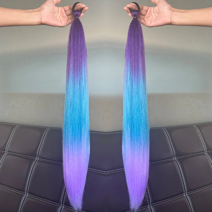 2PCS Synthetic Straight Ponytail Hair Extensions – Colorful Braiding with Elastic Hair Tie for Women