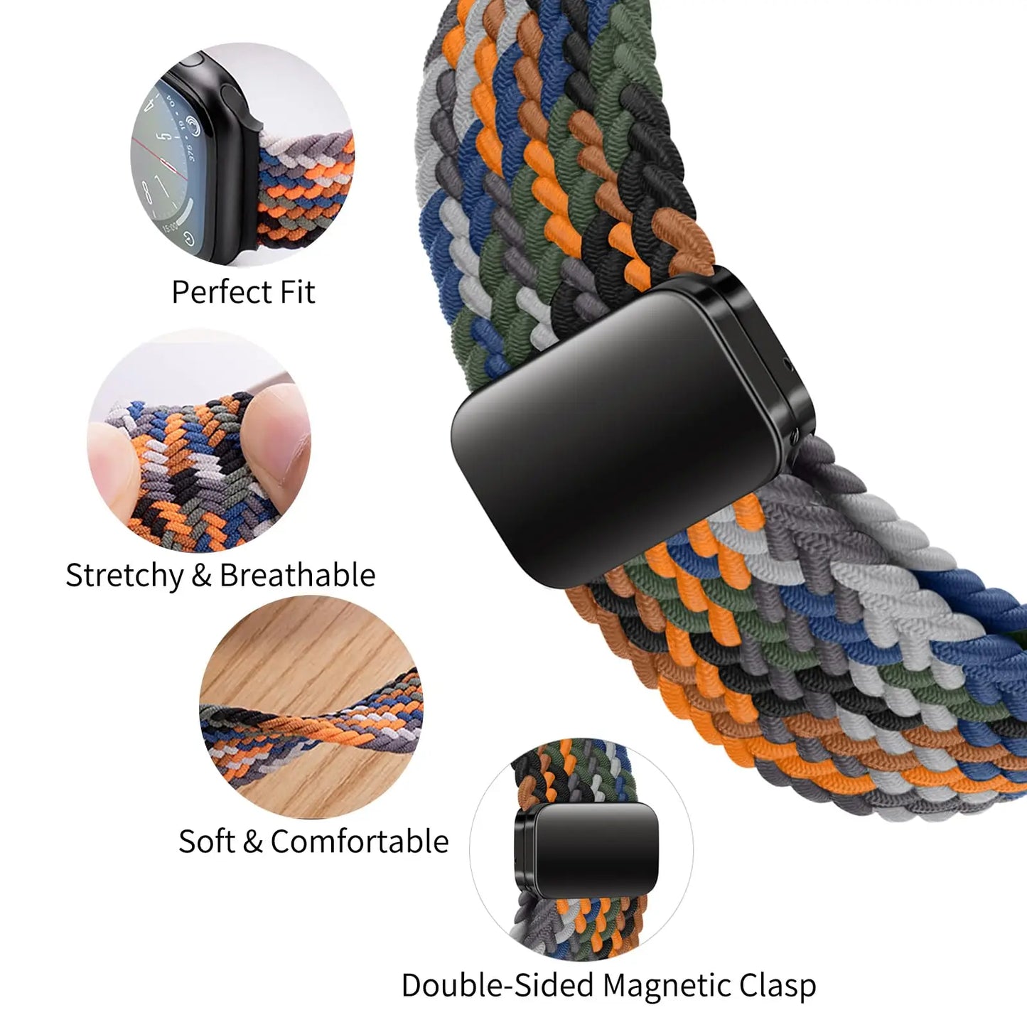 Braided Magnetic Strap for Apple Watch — Compatible with 38mm, 40mm, 41mm, 44mm, 45mm, 49mm Series SE, 7, 6, 8, 9, 10 & Ultra2