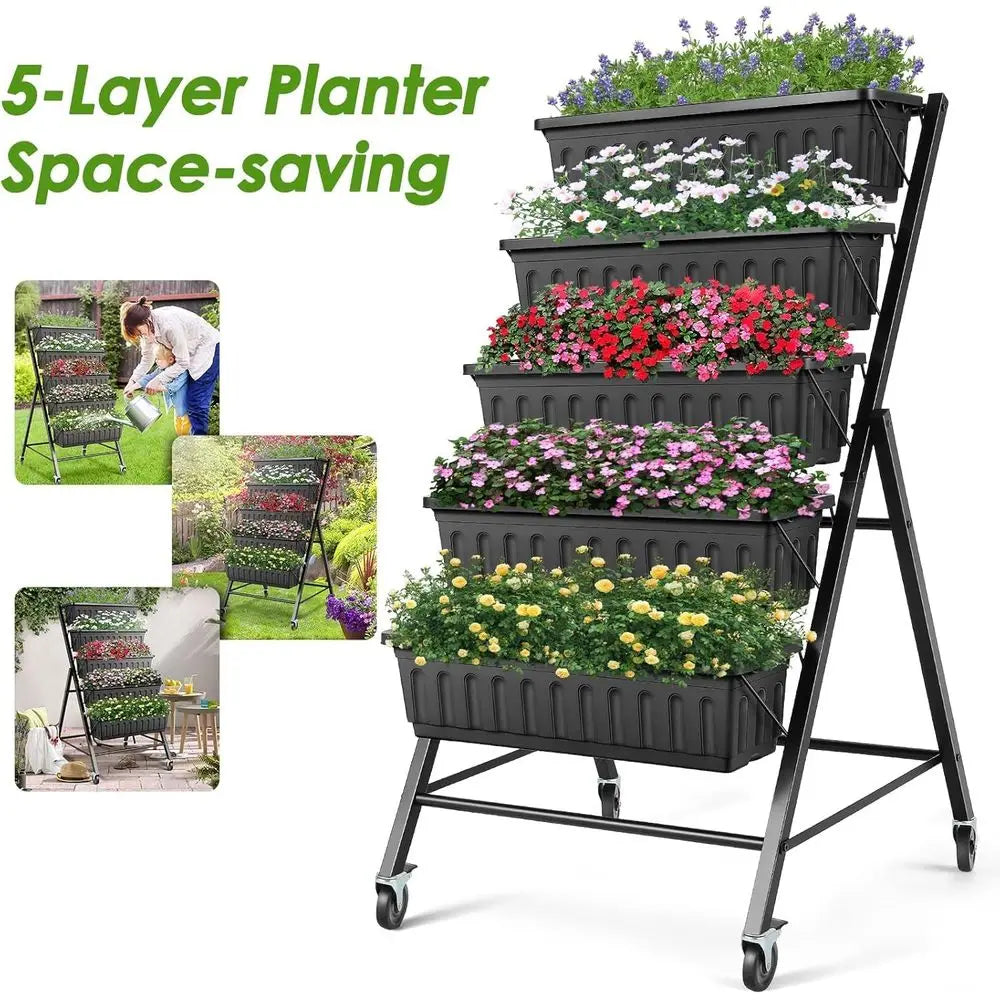 2-Tier Veal Garden Planter with Wheels – Black Herb & Vegetable Planter with Drainage and Hooks