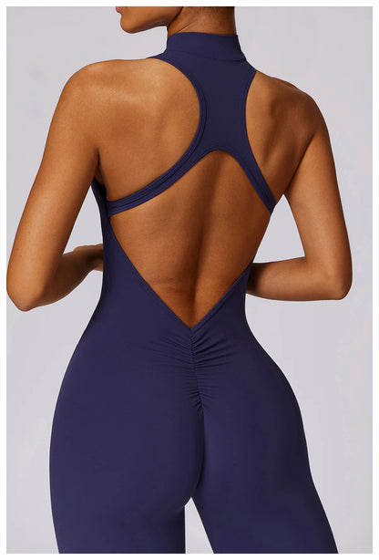 Women’s V-Back One-Piece Sports Jumpsuit — Sleeveless Yoga Romper with Zipper Workout Bodysuit
