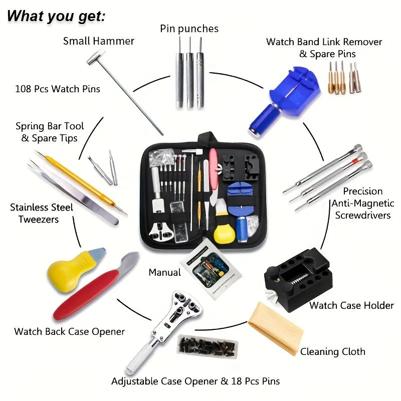 Watch Repair Tool Kit: 147-Piece Set with Case Remover/Opener Bar - Convenience Brand Clock Tool