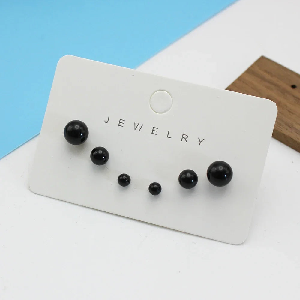 Black Round Imitation Pearl Stud Earrings Set – 3 Pairs (4mm 6mm 8mm) Simple Elegant Ball Earrings for Women Fashion Jewelry Gift