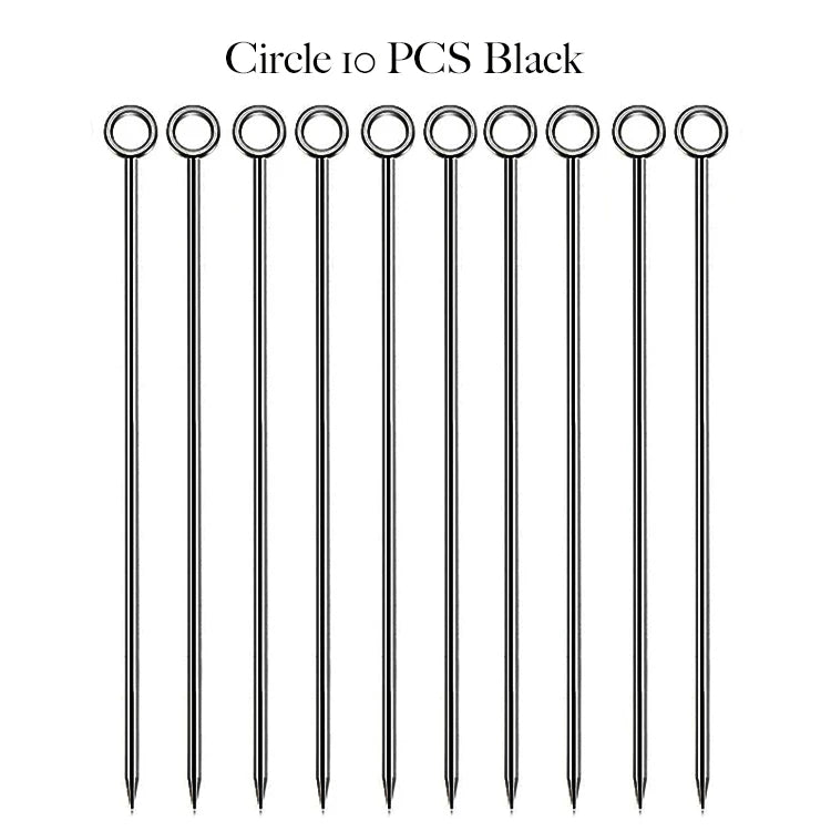10PCS Stainless Steel Cocktail Picks - Fruit Sticks & Drink Stirring Sticks in Circle, Ball, and Hat Shapes