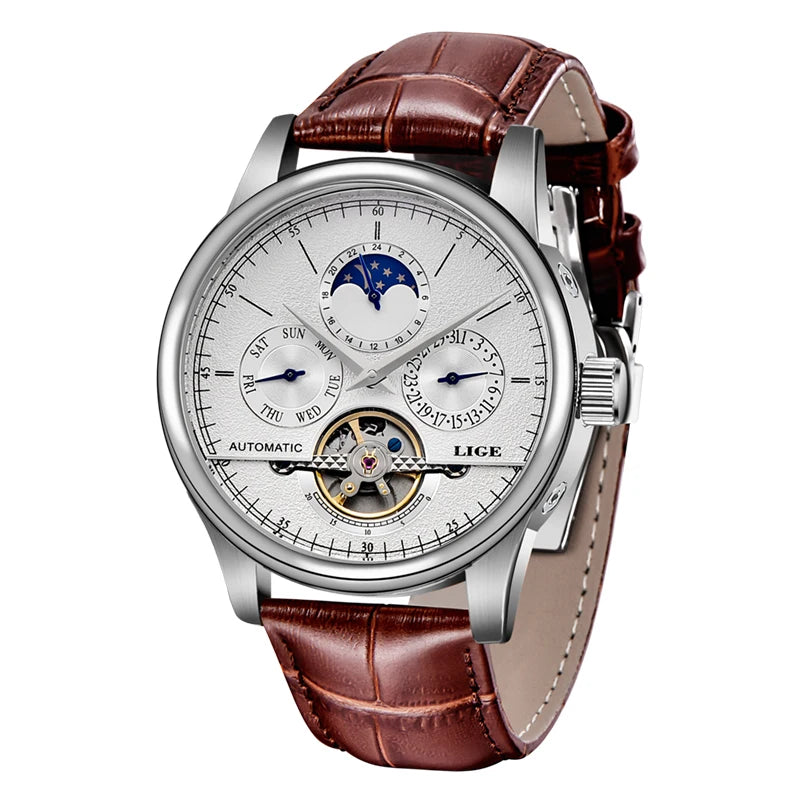 LIGE Men's Automatic Mechanical Tourbillon Watch - Waterproof Genuine Leather Military Wristwatch