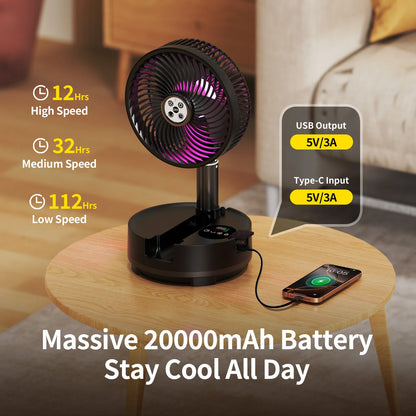 Socool 20000mAh Portable Folding Fan - Rechargeable 8-Speed Oscillating Floor & Desk Fan with Remote Control