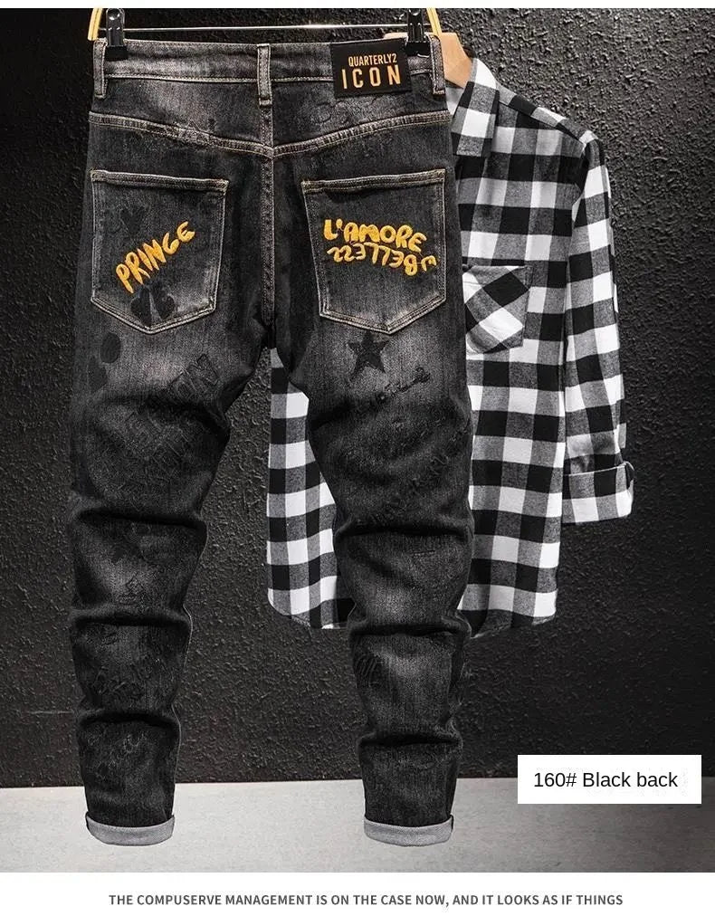 Luxury Korean Streetwear Slim Fit Denim Jeans – Punk Style with 3D Embroidery for Spring & Autumn