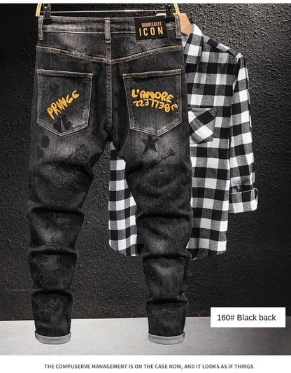 Luxury Korean Streetwear Slim Fit Denim Jeans – Punk Style with 3D Embroidery for Spring & Autumn