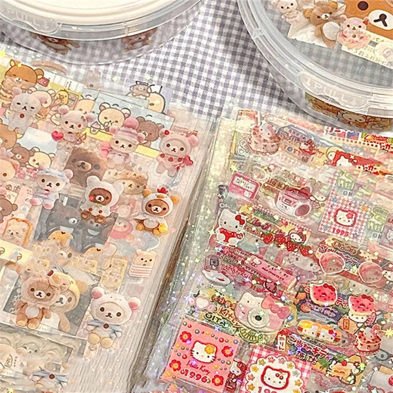 5pcs Hello Kitty Rilakkuma Cartoon Die-Cut Stickers, Cute Kitty Cat Flashing Laser Stickers, Anime Handbooks Material Stickers