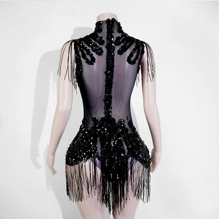 Sexy Shiny Silver Sequin & Black Spandex Jumpsuit — 2025 Women’s Prom, Dancer & Stage Performance Costume