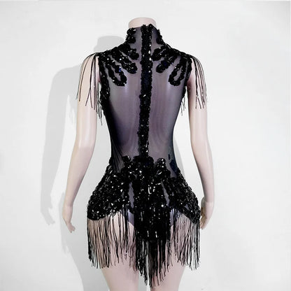 Sexy Shiny Silver Sequin & Black Spandex Jumpsuit — 2025 Women’s Prom, Dancer & Stage Performance Costume