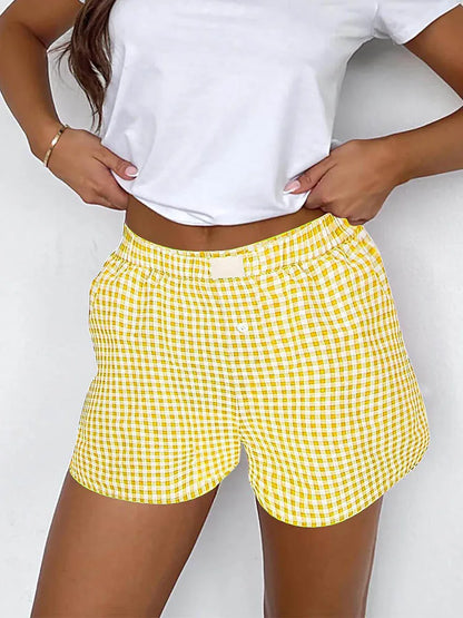 Women’s Teen Girls Elastic Waist Pull-On Red & Blue Plaid Casual Lounge Summer Shorts