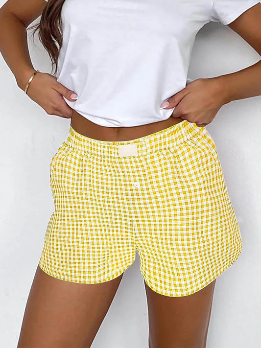 Women’s Teen Girls Elastic Waist Pull-On Red & Blue Plaid Casual Lounge Summer Shorts