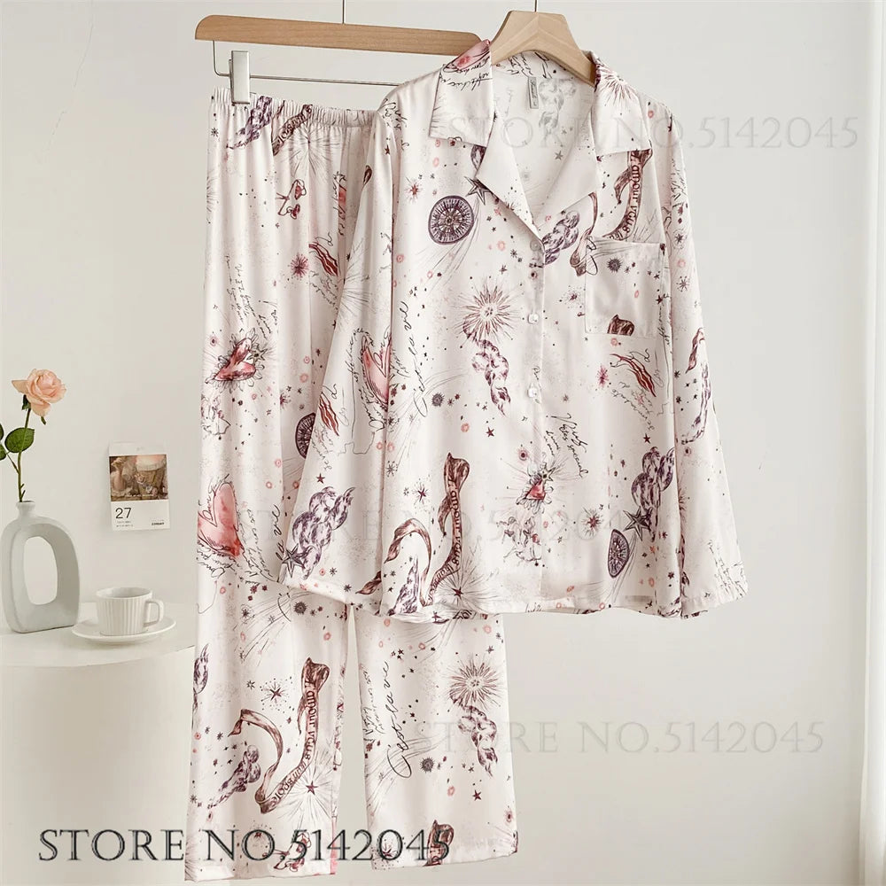 Fashion Floral Print Satin Pajamas Set for Women – Spring Summer Loose Sleepwear Loungewear Homewear Suit